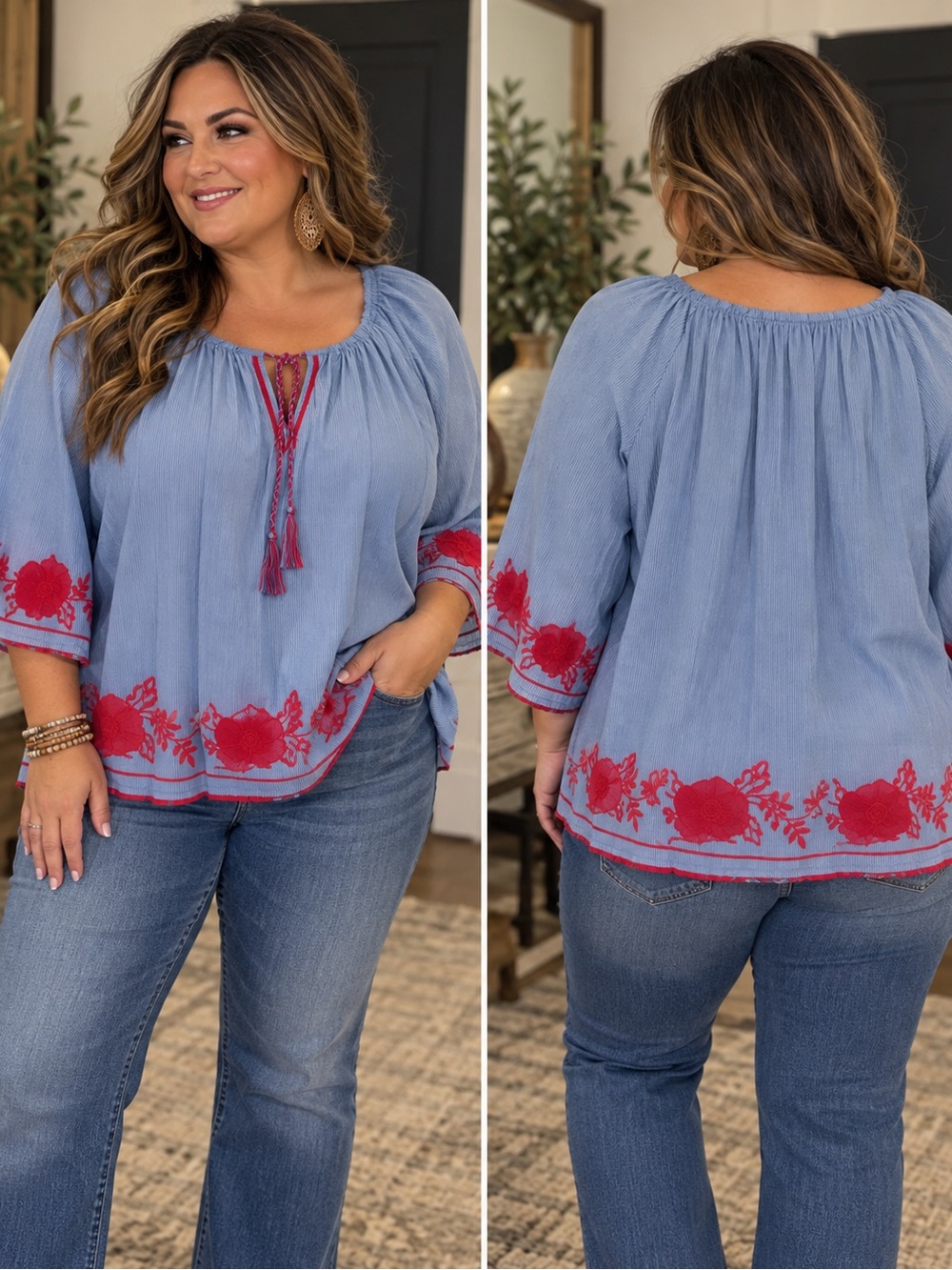 croft & barrow Light Blue Blouse with Red Floral Embroidery